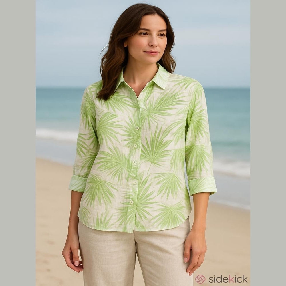 Charter Club Linen Shirt Light Green Palm Casual Beachy Resort wear Vacation